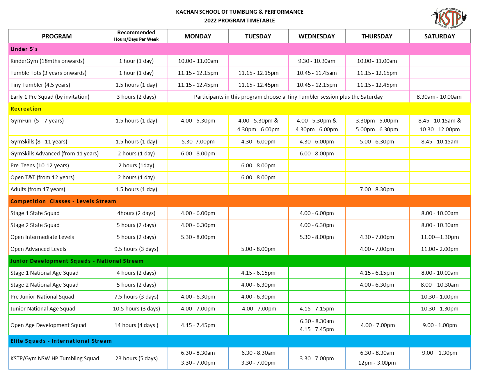 Class Timetable | Kachan School of Tumbling & Performance