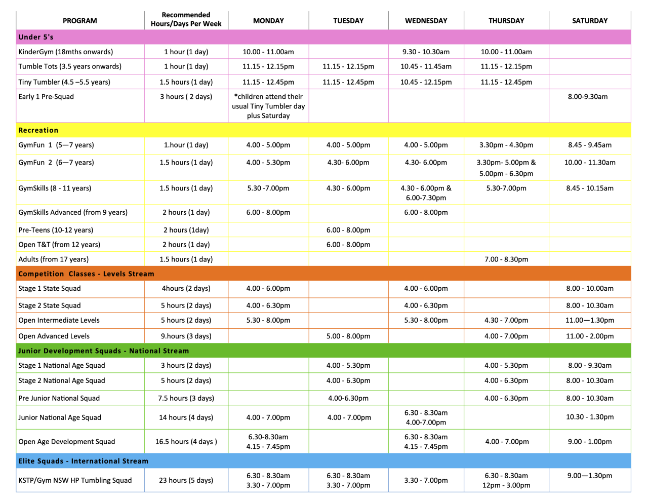 Class Timetable | Kachan School of Tumbling & Performance